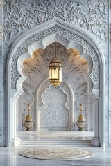 luxury grey islamic traditional arch curved with transparent elegant ornaments and beautiful lantern 