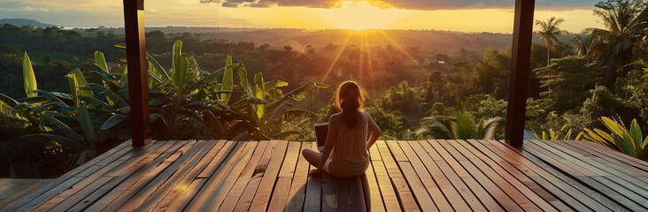 young freelancer woman working at the computer at sunset or sunrise on the top of the mountain