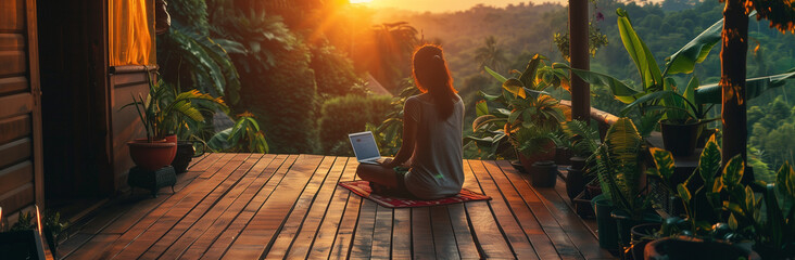 young freelancer woman working at the computer at sunset or sunrise on the top of the mountain