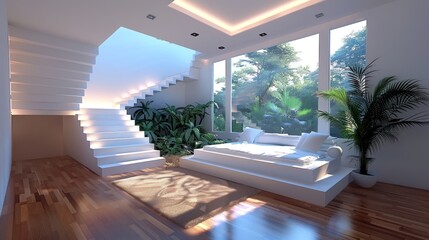 Contemporary Interior View from Staircase - 3D Render