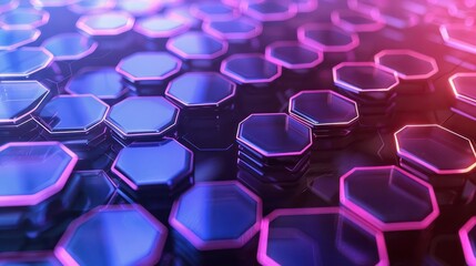 Fototapeta premium A vibrant abstract design featuring hexagonal patterns with glowing blue and pink hues, perfect for technology and digital themes.