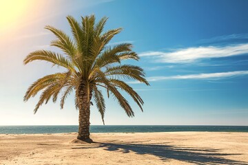 Obraz premium A stunning photograph of a palm tree standing tall and strong against a vibrant blue sky
