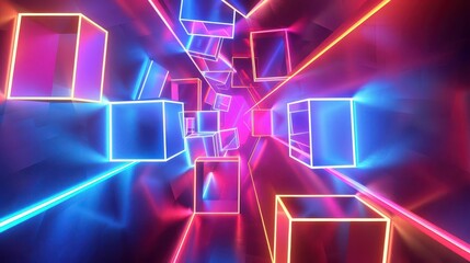 Optical illusion with neon geometric shapes in an abstract background