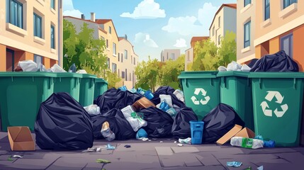 Overflowing Garbage Bin and Trash Bags. Street Pollution