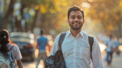 a indian cheerfull man with clean shave going to office with energetic and cheerful feelings, full body view, details to face, day time on street, hyper realistic, day time