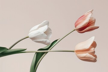 Minimalist floral composition with three pastel tulips, isolated on a light beige background. This artistic arrangement creates a serene atmosphere for various wallpaper or cover photo.