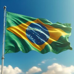 brazilian flag waving in the wind against blue sky