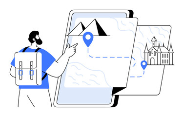 A bearded man with a backpack points to a map on his smartphone, showing routes to a mountain and a castle. Ideal for travel apps, tourism, navigation, hiking, adventure, and digital guides. Simple