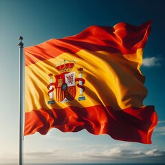 Spanish flag waving in the sky between clouds 