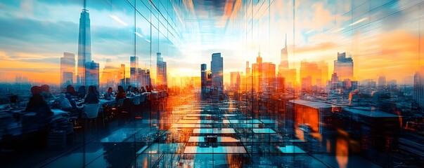 Cityscape Reflection in Glass Building at Sunset