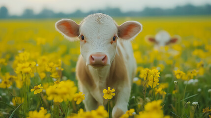 Obraz premium A baby cow is standing in a field of yellow flowers. The cow is looking at the camera with curiosity