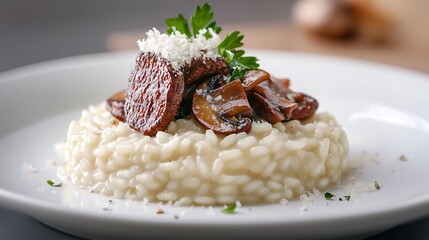 A beautifully plated dish of risotto, topped with sauteed mushrooms and a sprinkling of parmesan cheese. The creamy, decadent texture of the risotto is showcased with impeccable clarity, and the dish