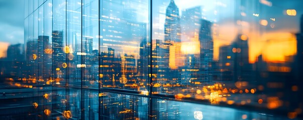 Cityscape Reflection in Glass Building at Sunset