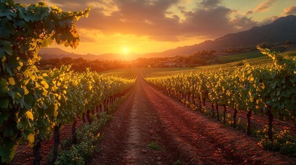 Naklejka premium Photorealistic image of a rustic vineyard at sunset with rows of grapevines stretching toward the horizon and the soft glow of the evening sun lighting the scene