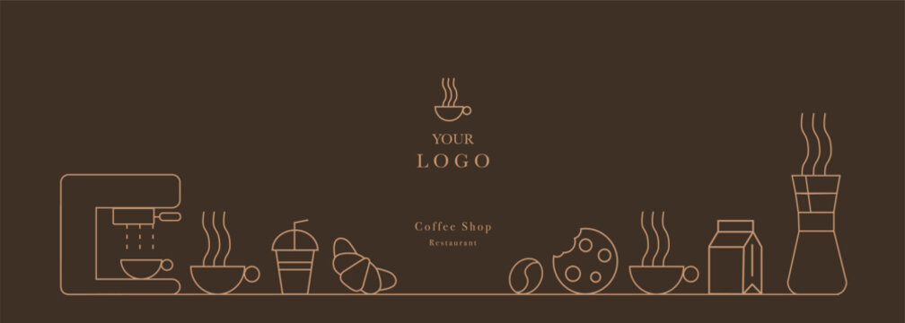 Hand drawn illustration of Bakery and Coffee. Icons. Abstract geometric line background. Gold luxury. Pattern for cover design, food package, menu, background, café wall, coffee shop, web banner
