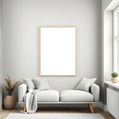 Living room interior with copy space in frame on the wall. Template for artwork, painting, photo or poster	
