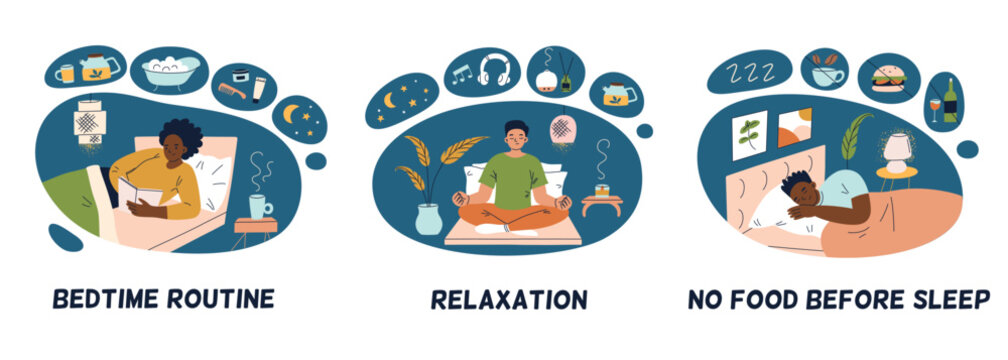 Vector illustration of three sleep habits, bedtime routine, relaxation practices, no food before sleep. The flat cartoon style sleeping characters, calmness and healthy sleep hygiene, self care tips