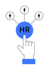 Hand pointing at a blue HR button, linked to three people icons. Ideal for HR, recruitment, workforce management, employee relations, human resources technology.
