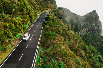 Aerial view  misty landscape with road in Madeira Island, Portugal