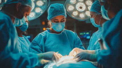 A group of surgeons are performing a surgery on a patient. The atmosphere is tense and serious as the surgeons work together to save the patient's life