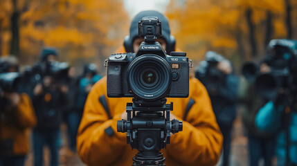 A man holding a camera with the word Canon on it. He is surrounded by other people