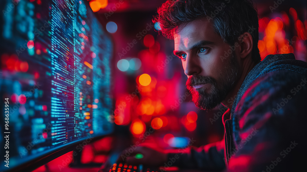 Poster a man is looking at a computer screen with a lot of numbers and letters on it. he is focused on the 