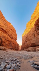 A rocky canyon at dawn, where the first light of sunrise casts deep shadows and warm hues across the stone formations