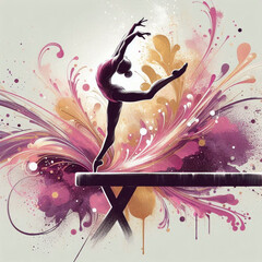 Gymnast performing on balance beam with graceful movements and artistic flair

