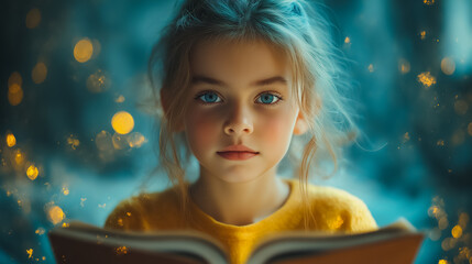 Portrait of a young learner with a book, bright and optimistic expression, soft lighting, International Literacy Day theme, focus on education and inspiration