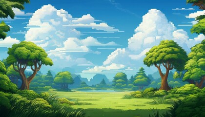 Pixel Paradise: Lush Greenery and Towering Trees Under a Fluffy Cloud Sky"