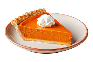 Closeup of pumpkin pie slice with dollops of whipped cream and sprinkle of cinnamon on top isolated on white background, showcasing a Halloween dessert concept