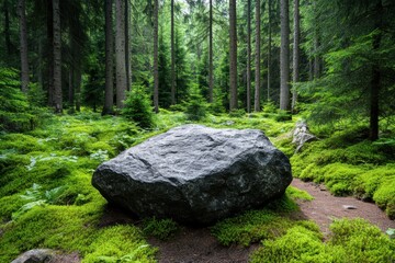 Massive granite boulders nestled in a serene forest clearing, surrounded by lush moss and tall trees.