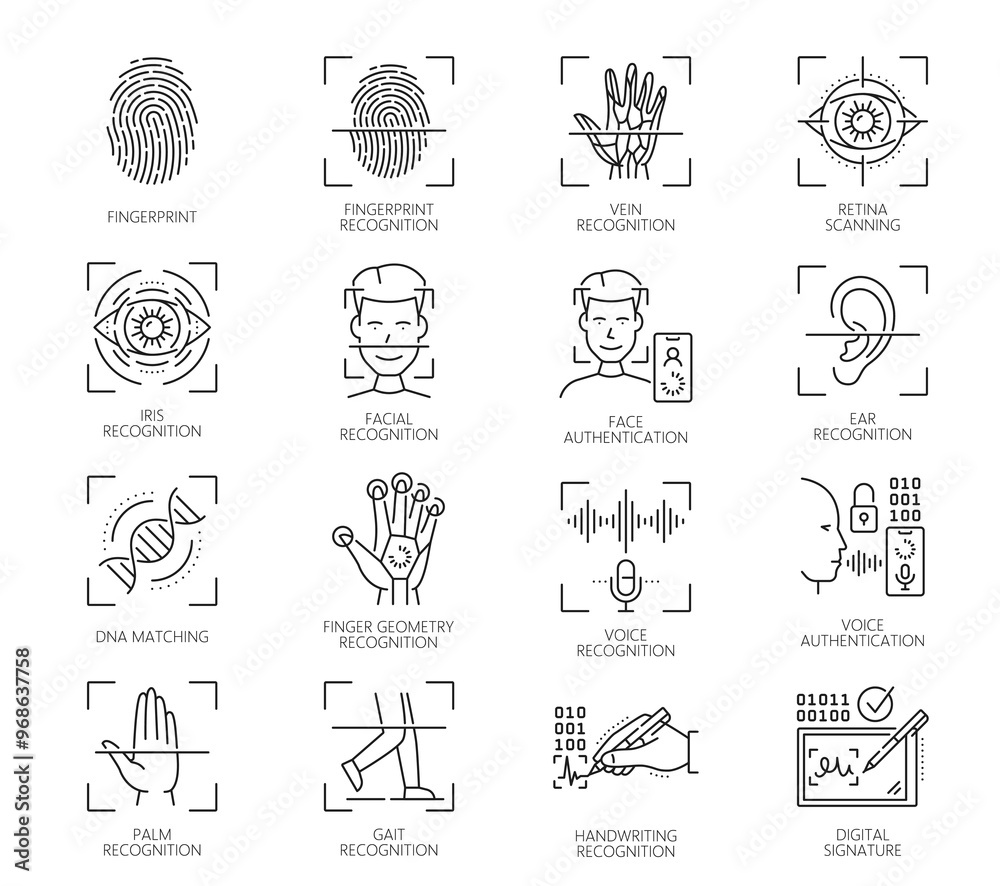 Poster biometric identification, recognition and verification icons of fingerprint, line vector. face id sc