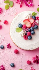 A close-up of a delicious cheesecake topped with fresh berries, strawberries, blueberries, and raspberries.