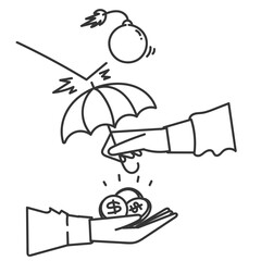 the umbrella protect money from the bomb illustration in doodle cartoon