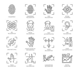 Biometric identification, recognition and verification icons of fingerprint, line vector. Face ID scan, identity authentication and digital authorization technology of biometric identification