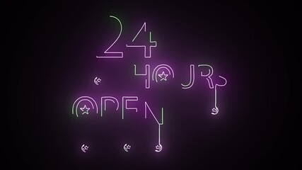 Neon text 24 hours, lettering glowing animation with black color background Glowing with colorful neon light. Night advensing. Modern trend design.	