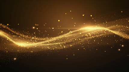 Gold glitter particles, shining gold sparks wave background. Gold glow and shimmering sparkles shine, abstract magic bright sparks in wave motion