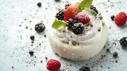A delicious dessert topped with berries and cream, perfect for indulgence.