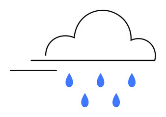 Black-outlined cloud with straight line extending from left. Blue raindrops fall from cloud. Ideal for weather forecasting, climate change, rain, nature, vector art. Very minimalist style.
