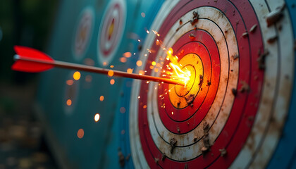 Red Arrow Striking the Center of a Target with Sparks