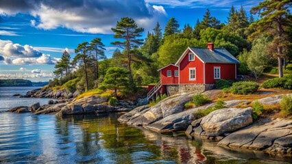 Fototapeta premium Scenic red house on rocky shore by water with trees in background