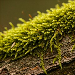 Vibrant green moss growing on a tree bark