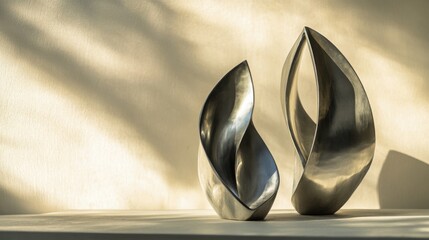 A creative photograph of abstract metal sculptures in a minimalist setting. The metal is polished or brushed, with interesting shapes and shadows cast by the lighting. 