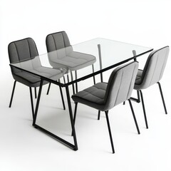 A modern glass dining table with four upholstered chairs arranged around it.