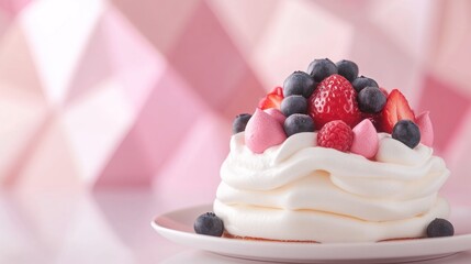 A delicious dessert made with meringue, whipped cream, and fresh berries, served on a white plate against a pink background.