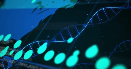 Animation of dna strand digital data processing over world map - Powered by Adobe