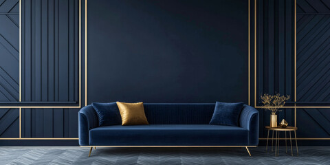 Art deco living room interior design with blue accents and natural lighting. Luxury traditional Real Estate interiors.