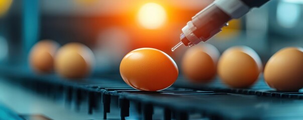 Eggs being measured for their protein content in a futuristic food lab, with digital readouts showing nutritional values Egg Protein, Analysis, Future Food