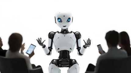Obraz premium Robot AI talking with people on meeting isolated on white background